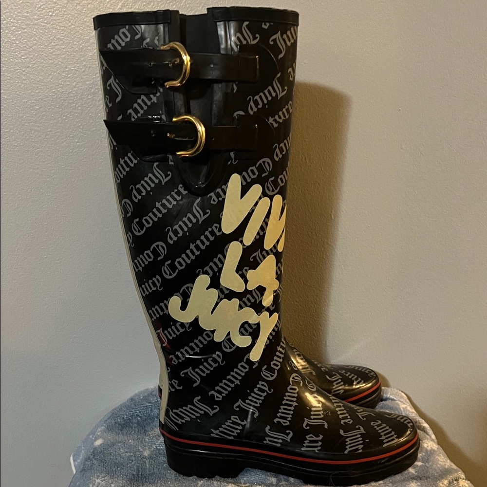 Juicy Couture Black Boots with Gold and White Details